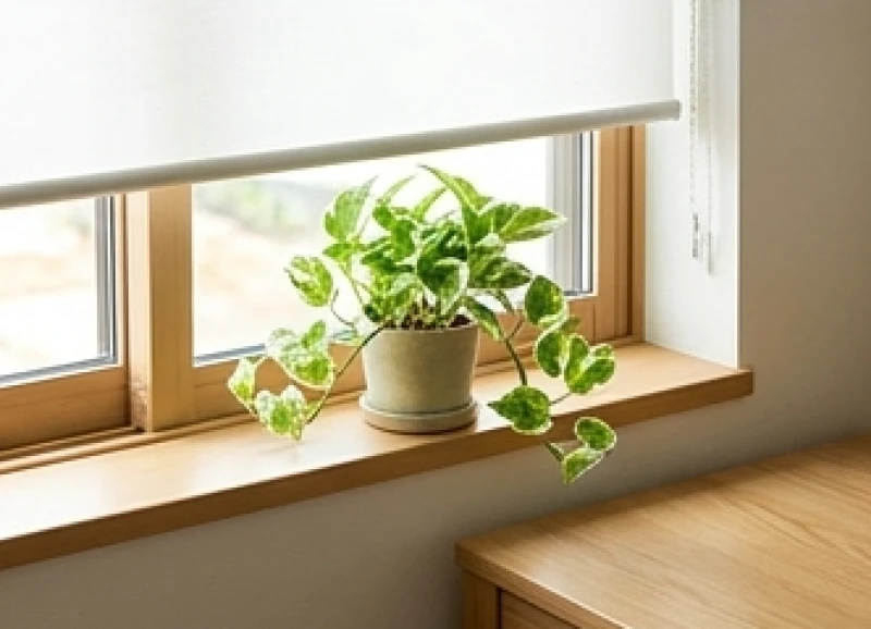 Rèm cuốn chống nắng và chậu cây trầu bà nhỏ đặt trên bệ cửa sổ giúp giảm chói và cản bớt sức gió lùa thẳng vào góc học tập