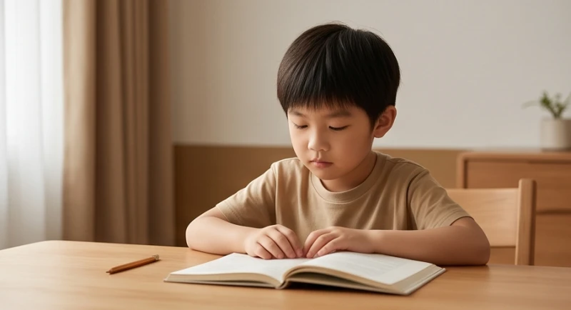 Bé trai đang kiên nhẫn đọc sách và làm bài tập tại góc học tập yên tĩnh thể hiện tính cách điềm đạm của mệnh Sa Trung Kim
