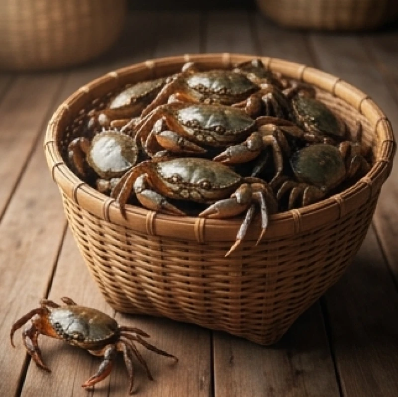 Rổ tre đựng đầy cua đồng đang bò lổm ngổm ra ngoài mặt sàn gỗ