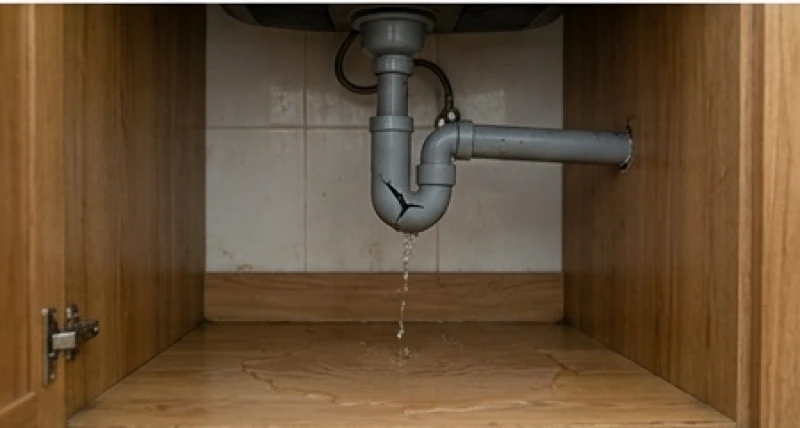 Ống nước bị vỡ là điềm gì: Phân biệt vị trí & cách hóa giải 4 Đường ống thoát nước dưới bồn rửa chén trong nhà bếp bị nứt vỡ làm nước rò rỉ thấm ra sàn