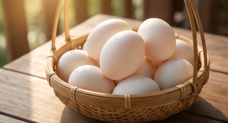 Mơ thấy lượm trứng vịt: Giải mã bối cảnh & bộ số may mắn 4 Một rổ mây tre đan chứa đầy những quả trứng vịt to tròn nhẵn bóng tượng trưng cho khối tài sản dồi dào