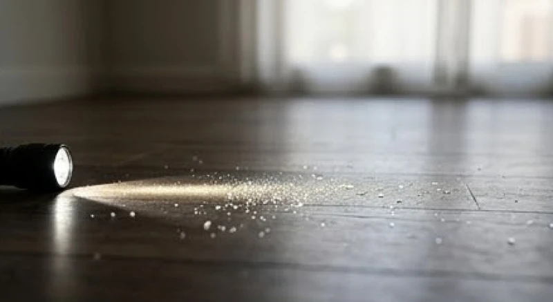 Ánh sáng đèn pin chiếu ngang mặt sàn gỗ làm nổi bật các hạt bụi kính li ti lấp lánh chưa được dọn sạch.