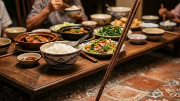 Cận cảnh đôi đũa rơi xuống sàn nhà bên cạnh bàn ăn giúp giải mã hiện tượng rơi đũa là điềm gì theo dân gian