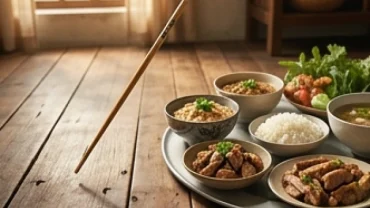 Chiếc đũa tre vô tình bị rơi xuống nền nhà bên cạnh mâm cơm gia đình gợi lên thắc mắc rơi đũa là điềm gì