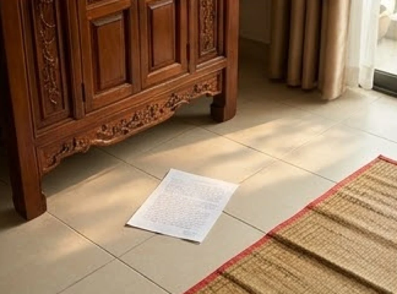 Không thuộc văn khấn có được đọc từ giấy không: Quy tắc chuẩn 9 Tờ giấy in bài cúng vô tình rơi xuống mặt sàn gạch hoa cạnh chiếc chiếu trải trước ban thờ gia tiên