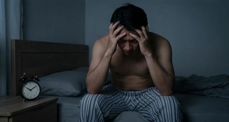 Người đàn ông mệt mỏi ôm đầu ngồi trên giường lúc nửa đêm khi những cơn ác mộng liên tục lặp lại không dứt