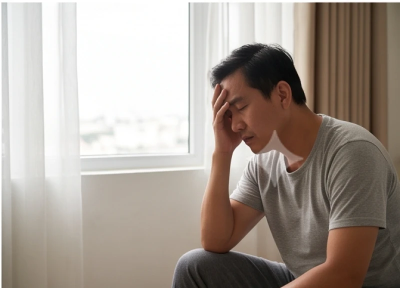 Tại sao con người nằm mơ: Cơ chế sinh học và mẹo ngủ sâu giấc 11 Người đàn ông ngồi cạnh cửa sổ phòng ôm đầu mệt mỏi do phải trải qua những cơn ác mộng căng thẳng