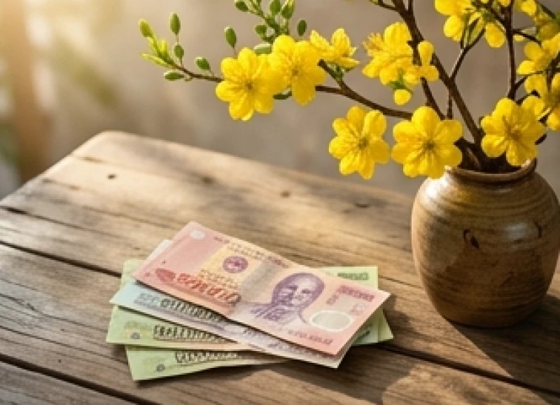 Những tờ tiền lẻ và hoa mai vàng đánh rơi trên bàn gỗ trong dịp lễ Tết nguyên đán truyền thống