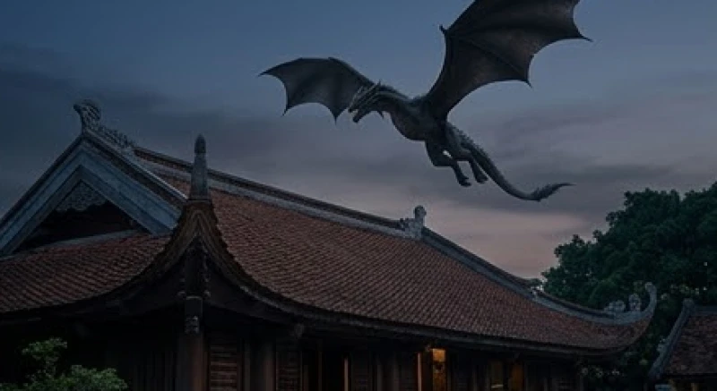Mơ thấy rồng đen là điềm gì: Giải mã bối cảnh & cách hóa giải 2 Một con rồng đen khổng lồ lướt qua mái nhà truyền thống mang theo luồng vượng khí tài lộc cực kỳ mạnh mẽ