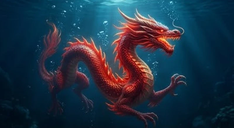 Linh vật rồng đỏ đang vùng vẫy dưới làn nước sâu trong xanh phản chiếu sự xung khắc tột độ giữa Thủy và Hỏa