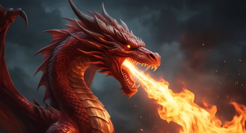 Rồng đỏ rực lửa đang há miệng gầm rú và phun ngọn lửa uy dũng, đại diện cho áp lực dồn nén