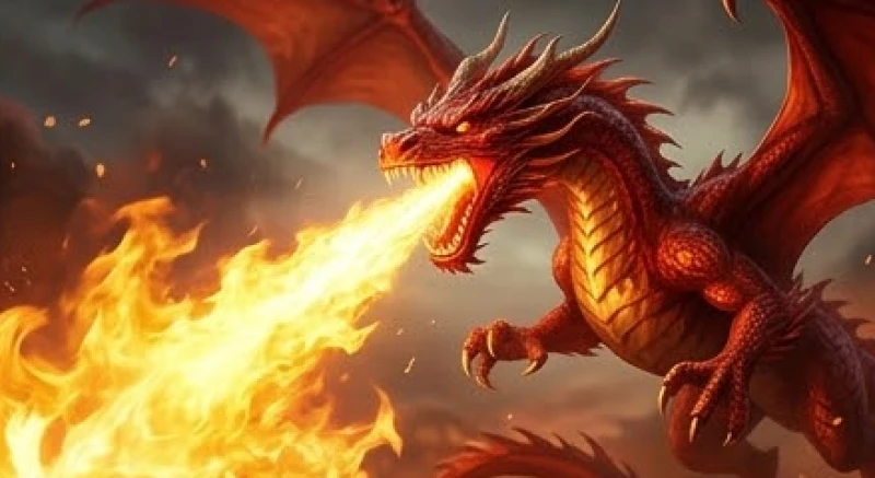 Rồng đỏ đang há miệng phun ra ngọn lửa rực sáng thể hiện trạng thái năng lượng phong thủy bị kích động mạnh