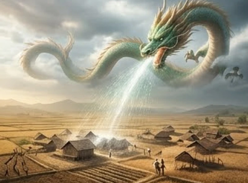 Rồng khổng lồ đang uốn lượn trên bầu trời, há miệng phun những dòng nước mát lạnh tưới xuống cánh đồng khô cằn nứt nẻ.