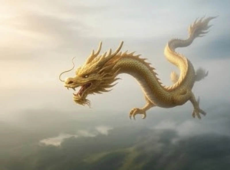 Rồng thần phương Đông bay lượn uyển chuyển giữa không trung với vảy vàng lấp lánh và dáng vẻ đầy uy lực.