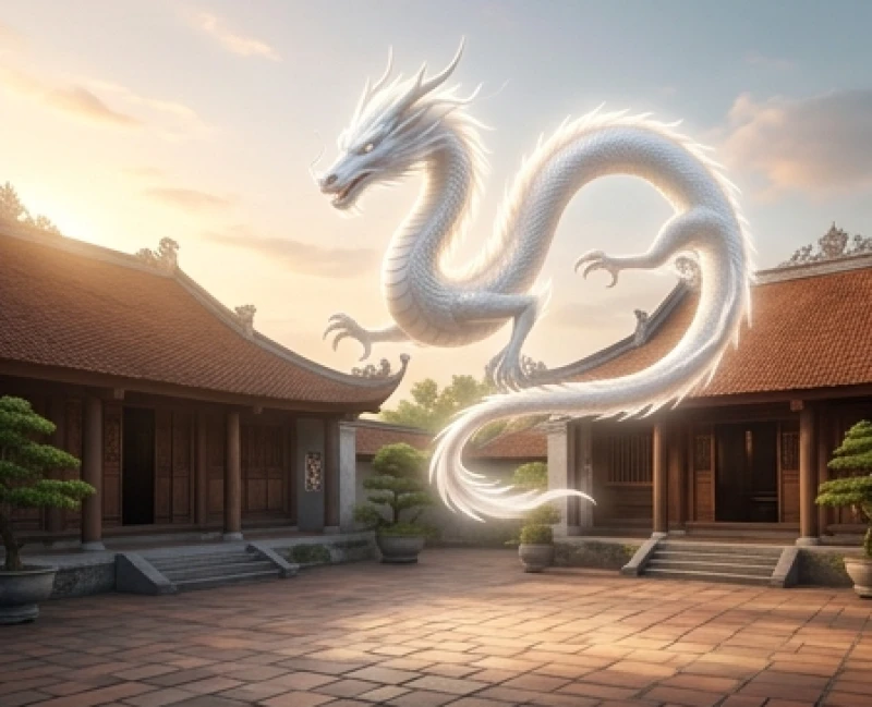 Mơ thấy rồng trắng: Giải mã ý nghĩa điềm báo & số tài lộc 3 Thần thú rồng trắng uy nghi bay lượn qua cổng nhà mang theo luồng sinh khí và may mắn cho gia chủ