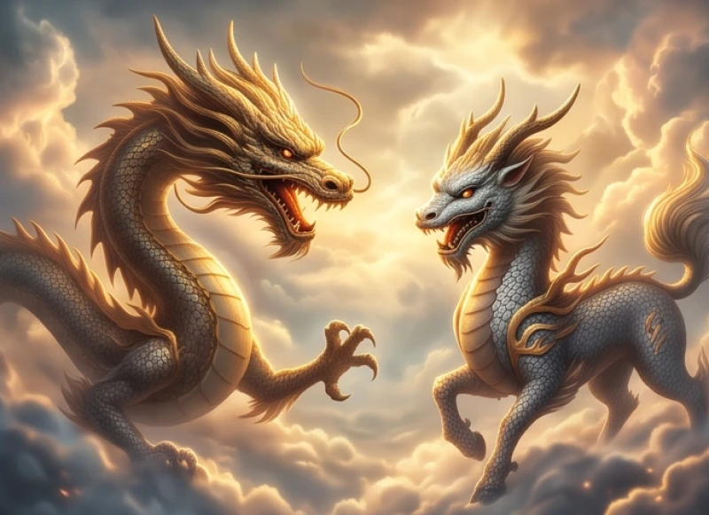 Rồng và kỳ lân đang gầm gừ đối đầu nhau một cách căng thẳng giữa đám mây mù huyền ảo