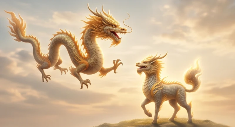 Rồng uy quyền và kỳ lân nhân từ cùng xuất hiện trên bầu trời tượng trưng cho sự đại cát đại lợi