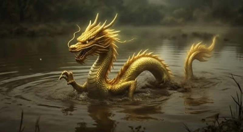 Mơ thấy rồng bơi dưới nước: Giải mã điềm báo theo màu & dòng nước 4 Con rồng vàng uy nghi đang bơi chật vật trong lòng hồ nước vẩn đục và bùn lầy