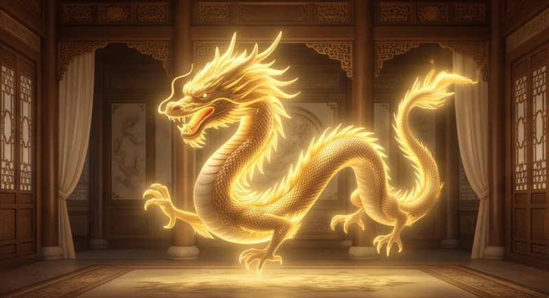 Tượng rồng vàng uy quyền tỏa ánh sáng hoàng kim rực rỡ, biểu trưng cho sự sung túc và vượng tài