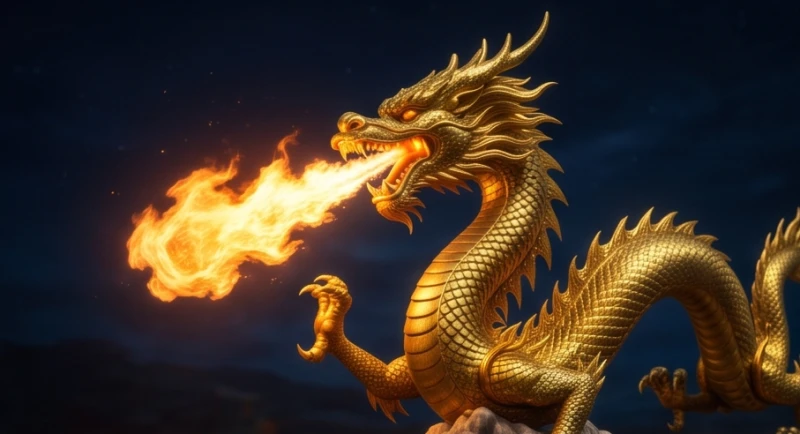 Con rồng vàng uy nghi lấp lánh đang vươn mình phun ra ngọn lửa đỏ rực rỡ giữa bầu trời đêm huyền bí