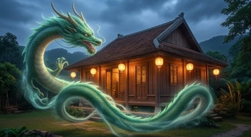 Con rồng xanh hiền hòa bay lượn quanh một ngôi nhà gỗ truyền thống mang lại cảm giác bình yên