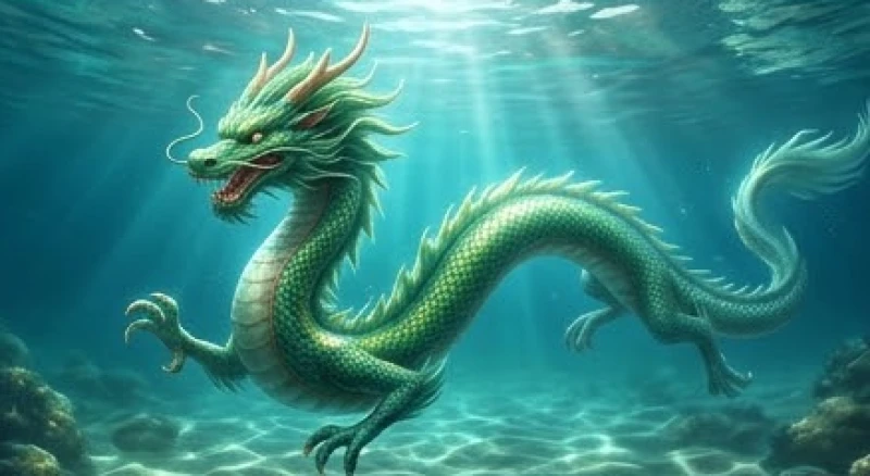 Rồng xanh bơi lội thanh thoát trong hồ nước trong vắt phản chiếu ánh sáng lấp lánh của ngọc quý