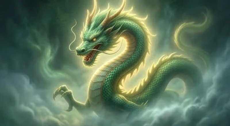 Con rồng màu xanh lục khổng lồ phát ra ánh sáng vàng rực rỡ tượng trưng cho vượng khí và tài lộc