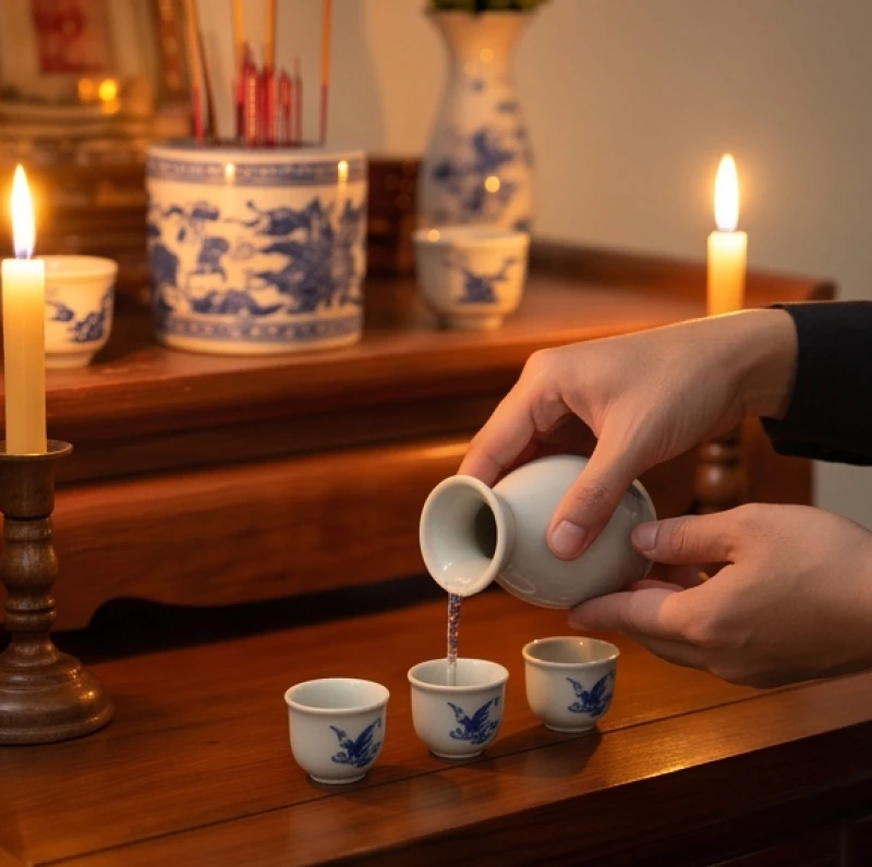 Người cúng cẩn thận rót rượu vào kỷ chén trên bàn thờ gia tiên trong từng nhịp thỉnh khấn
