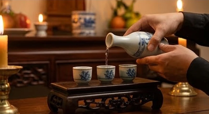 Văn khấn giỗ đầu cha: Mẫu bài cúng chuẩn & quy tắc xưng hô 7 Bàn tay người chủ lễ đang cẩn thận rót rượu trắng vào ba chiếc chén nhỏ đặt thẳng hàng trên kỷ thờ bằng gỗ chạm trổ