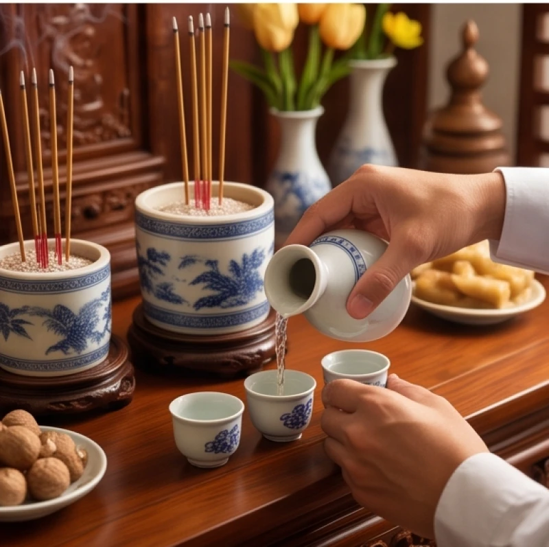 Văn khấn gia tiên ngày giỗ: Bài khấn chuẩn và quy tắc xưng hô 10 Người chủ lễ trang nghiêm rót rượu trắng vào các chén kỷ trên ban thờ sau khi hoàn tất bài yết cáo