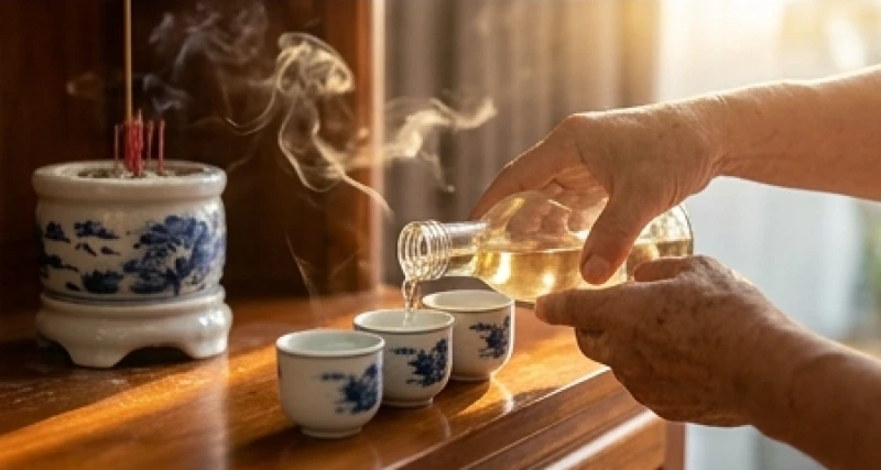 Văn khấn tạ đất đầu năm: Sắm mâm lễ và trình tự cúng bài bản 8 Gia chủ thành kính châm thêm rượu vào các ly nhỏ trên mâm lễ trong quá trình đợi hương tàn