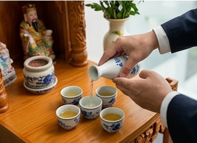 Người đại diện công ty rót thêm rượu vào chén nước sau khi hoàn tất việc đọc văn khấn