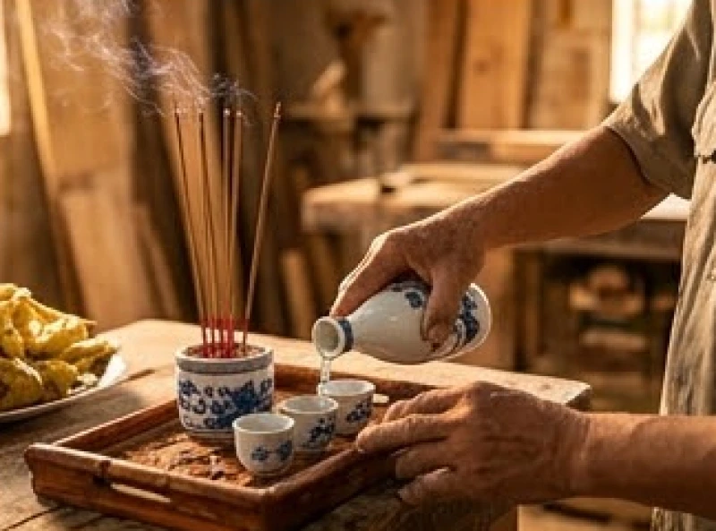 Chủ lễ cẩn thận rót rượu trắng vào từng chiếc chén nhỏ trên mâm cúng tổ nghề mộc trong làn khói nhang mờ ảo