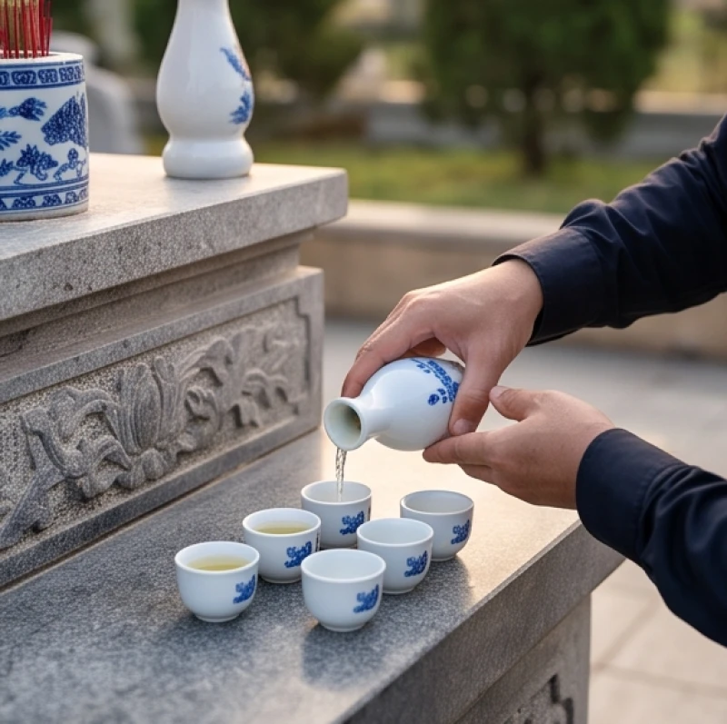 Văn khấn cúng chiến sĩ trận vong: Bài cúng tri ân và nghi lễ chuẩn 10 Hành động cẩn trọng rót rượu trắng và trà xanh vào các ly nhỏ trên ban thờ trung tâm