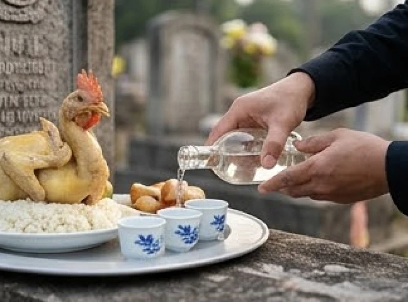 Văn khấn tạ mộ: Trình tự hành lễ và bài cúng đúng nghi thức 7 Đôi bàn tay thành kính rót rượu trắng vào chén nhỏ trên mâm cúng trước bia đá gia tiên