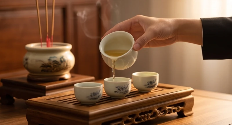 Người đại diện gia đình rót rượu và nước trong vắt lên các chén nhỏ trên kỷ thờ