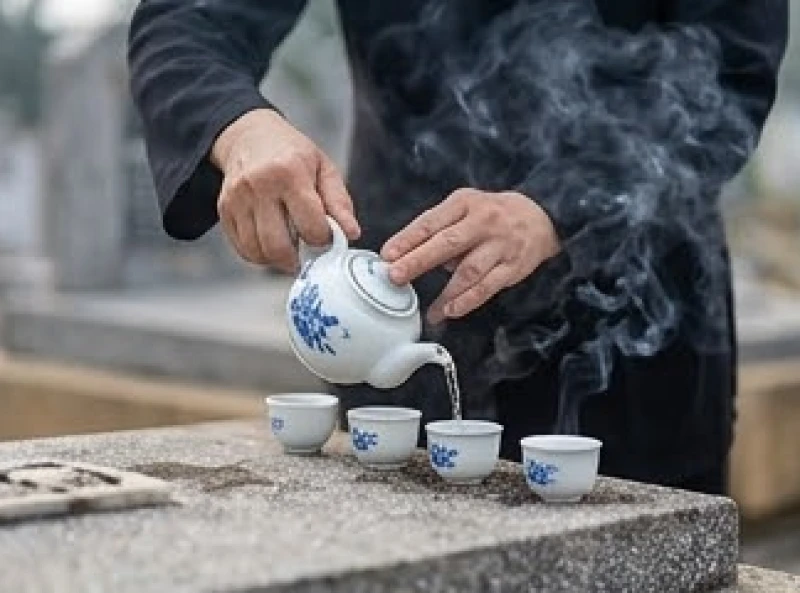 Văn khấn 49 ngày ngoài mộ: Trình tự dâng lễ và 2 bài cúng chuẩn 7 Đôi bàn tay cẩn thận rót chén trà và chén rượu trong nghi thức tạ lễ ngoài nghĩa trang
