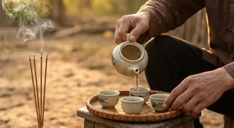 Văn khấn cúng chuồng gà: Cách sắm lễ và bài khấn chuẩn nhất 7 Đôi bàn tay cẩn thận châm thêm rượu và trà vào những chiếc ly nhỏ giọt đặt trên mâm cúng chuồng trại