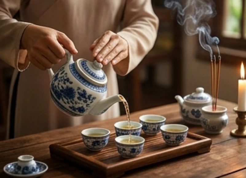 Tay người chủ lễ đang chậm rãi rót trà vào các ly nhỏ trên bàn cúng dứt Mụ