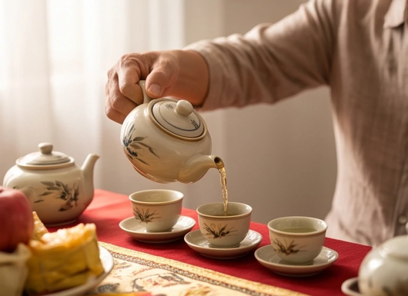 Nghi thức rót trà từ tốn vào các ly nhỏ trên bàn lễ để mời Thần linh và 12 bà Mụ