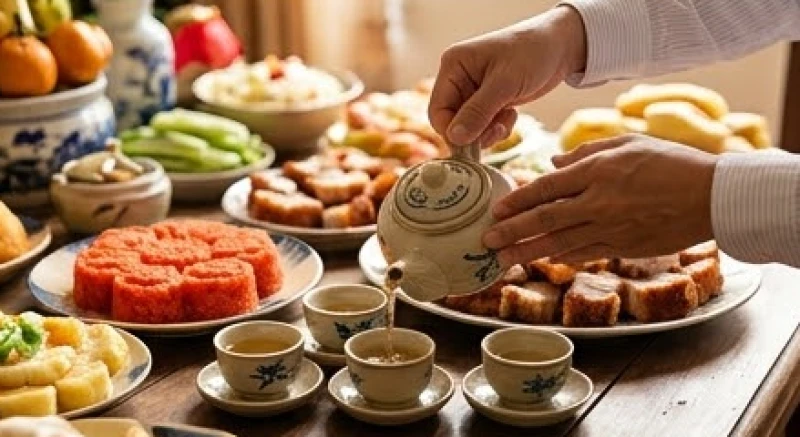 Đôi bàn tay cẩn thận cầm bình trà nhỏ rót vào ba chiếc ly xếp ngang trên bàn cúng thôi nôi
