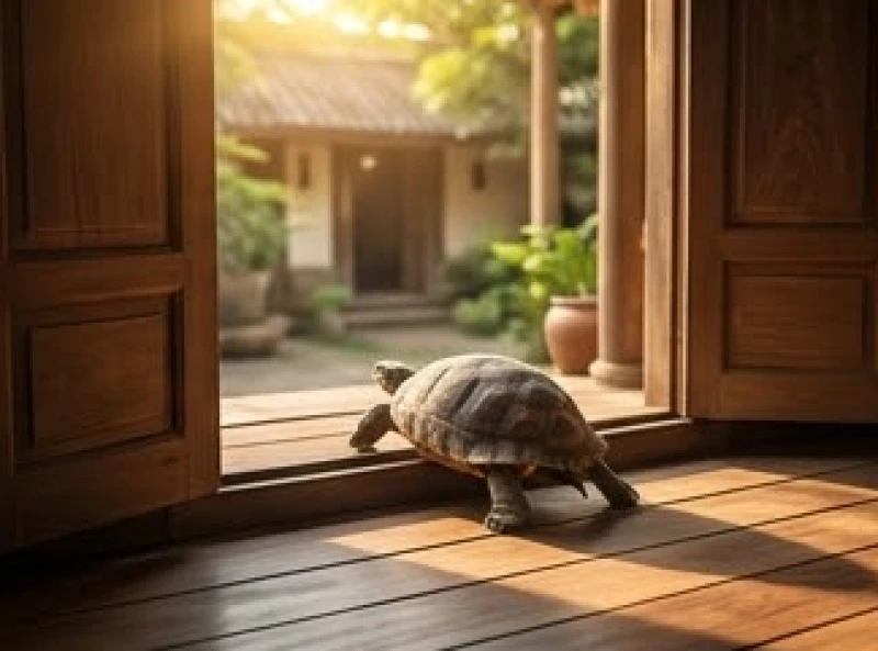 Mơ thấy rùa: Giải mã điềm báo, con số may mắn và cách hóa giải 6 Chú rùa hiền lành chầm chậm bò qua bậc thềm gỗ vào trong nhà mang theo vượng khí khi mơ thấy rùa.