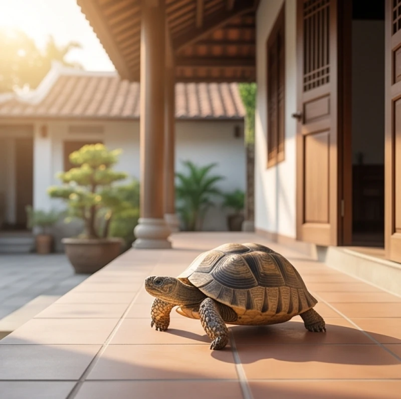Chú rùa chậm rãi bò vào hiên nhà lát gạch mang theo năng lượng bình an và tĩnh tại