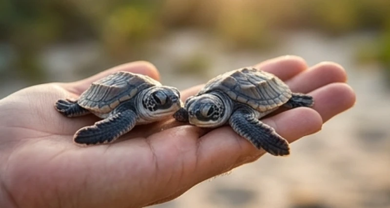 Hai chú rùa con nhỏ bé vừa mới nở nằm gọn gàng trên lòng bàn tay đang hé mở