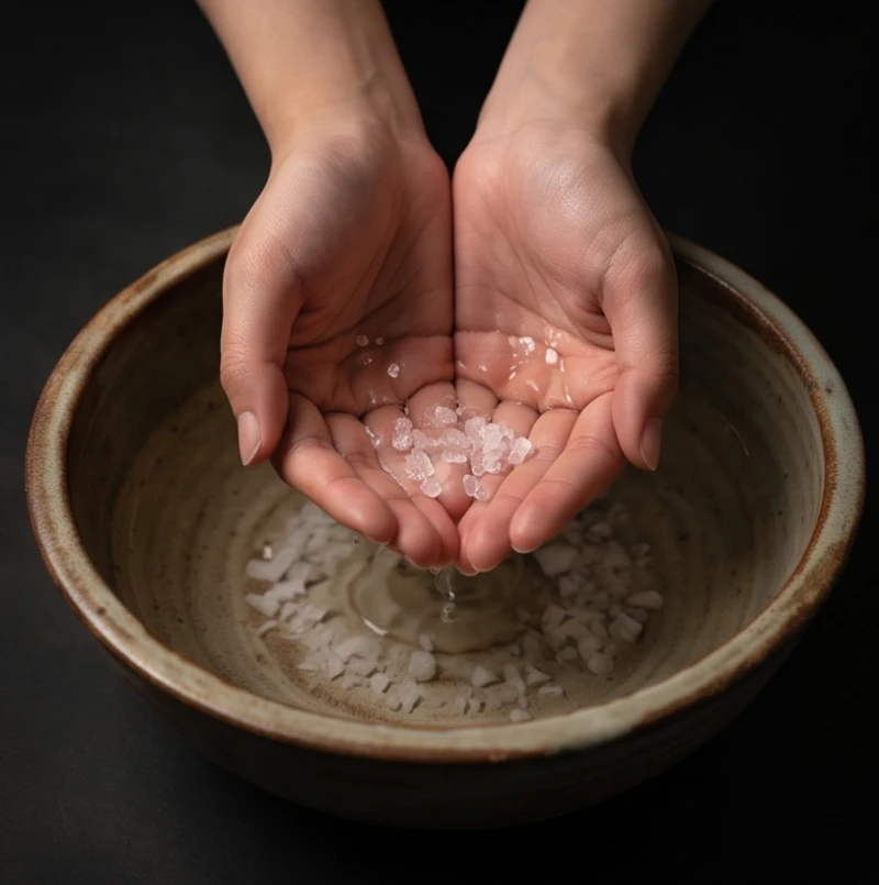 Bát gốm đựng nước ấm pha muối tinh thể giúp thanh lọc tâm trí và điều hòa năng lượng