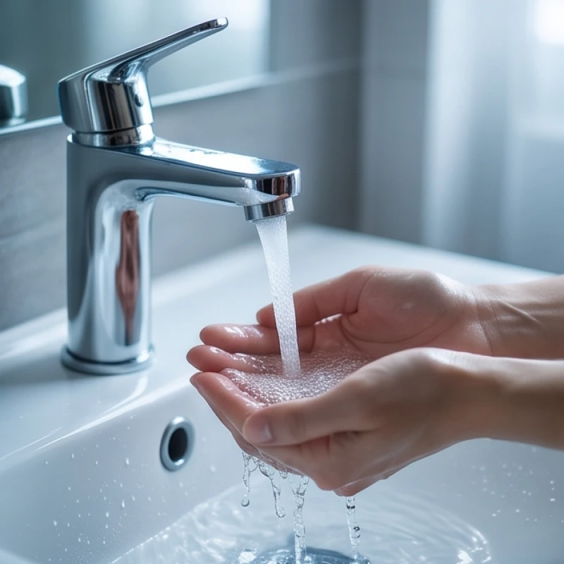 Dòng nước mát lạnh chảy từ vòi xuống bồn rửa tay, giúp làm dịu hệ thần kinh và cắt đứt trạng thái hoảng loạn buổi sáng