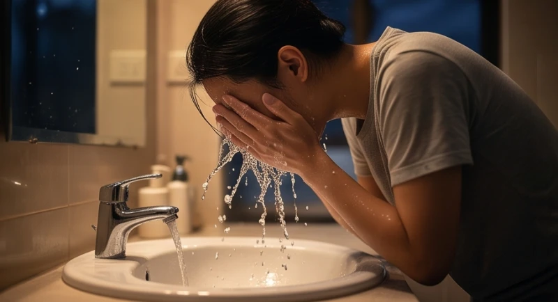 Vốc nước mát lên mặt trước gương vào ban đêm, hành động giúp kích hoạt phản xạ sinh lý để dập tắt cơn hoảng loạn