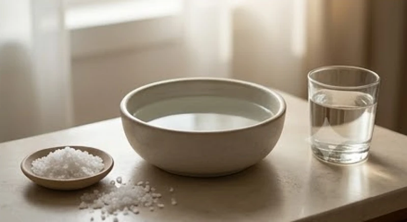 Cốc nước ấm và chậu nước nhỏ pha muối biển được chuẩn bị sẵn để thanh tẩy năng lượng sau khi thức giấc.