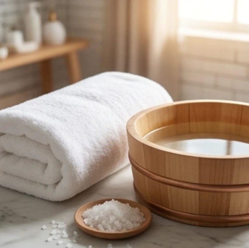 Một chiếc khăn bông sạch sẽ đặt cạnh chậu nước ấm pha muối biển giúp thanh tẩy năng lượng