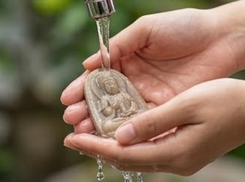 Hai bàn tay nâng niu rửa sạch mặt dây chuyền đá dưới vòi nước tinh khiết chảy nhẹ nhàng